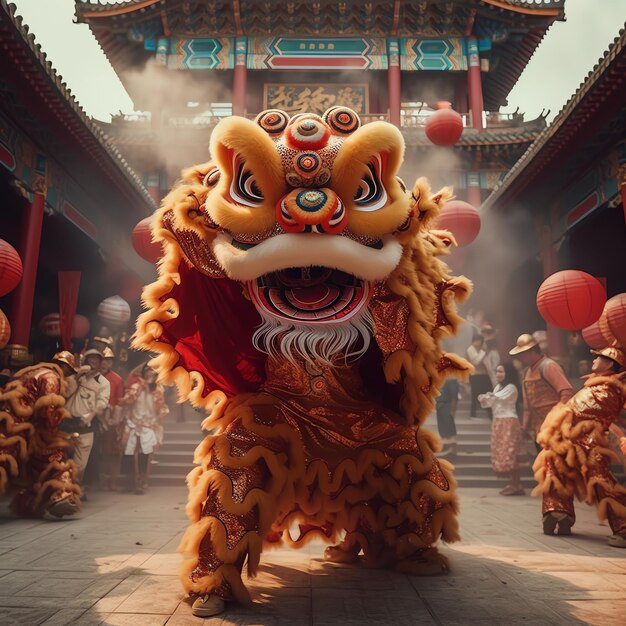 Espectáculo de danza del dragón o león barongsai en celebración del festival del año nuevo lunar chino tradicional asiático