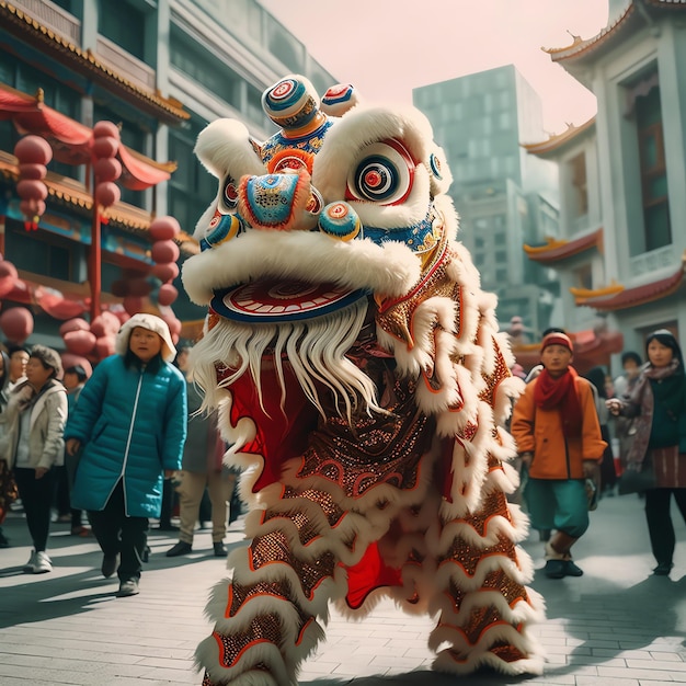 Espectáculo de danza del dragón o león barongsai en celebración del festival del año nuevo lunar chino tradicional asiático