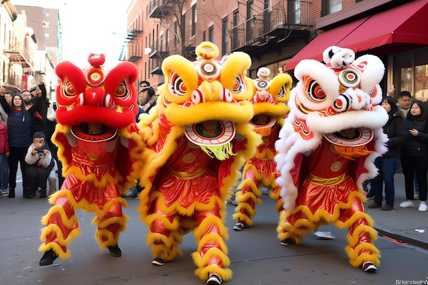 Espectáculo de danza del dragón o león barongsai en celebración del festival del año nuevo lunar chino tradicional asiático