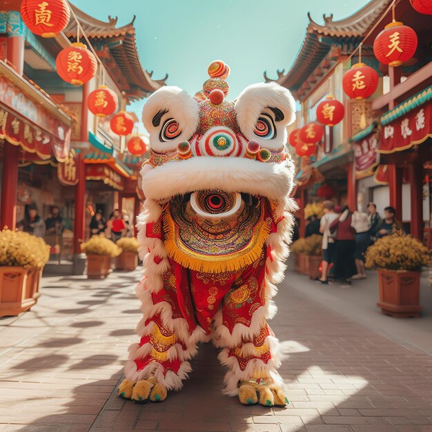 Espectáculo de danza del dragón o león barongsai en celebración del festival del año nuevo lunar chino tradicional asiático