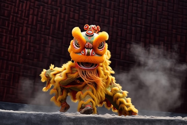 Espectáculo de danza del dragón o león barongsai en celebración del festival del año nuevo lunar chino tradicional asiático