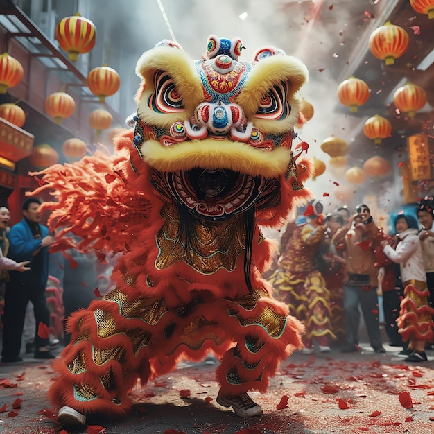 Espectáculo de danza del dragón o león barongsai en celebración del festival del año nuevo lunar chino tradicional asiático