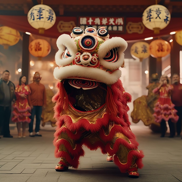 Espectáculo de danza del dragón o león barongsai en celebración del festival del año nuevo lunar chino tradicional asiático