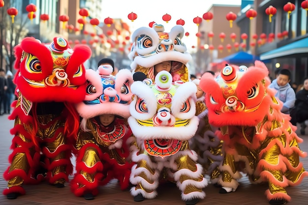 Espectáculo de danza del dragón o león barongsai en celebración del festival del año nuevo lunar chino tradicional asiático