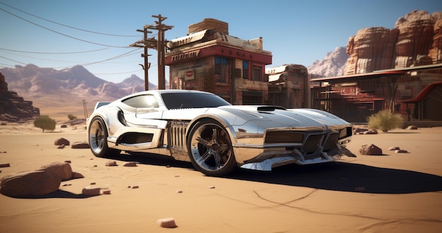 El espectáculo del desierto de ciencia ficción La máquina muscular metálica blanca en un oasis de ciudad futurista