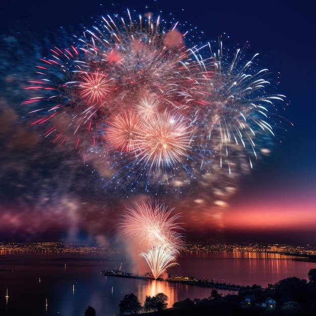 Un espectáculo de fuegos artificiales se ilumina por la noche