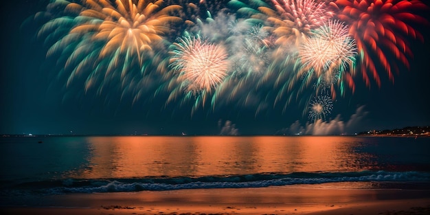 Espectáculo de fuegos artificiales en la playa del 4 de julio del día de la independencia americana