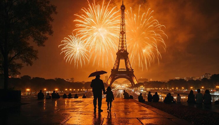 Foto espectáculo de fuegos artificiales de la torre eiffel celebración nocturna parisina bajo el cielo brillante