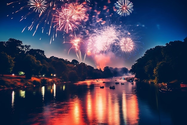 Espectáculo de fuegos artificiales vibrantes en azul, blanco y rojo que iluminan el cielo nocturno Ai generativo