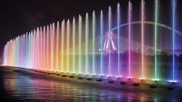 Foto el espectáculo de la fuente del arco iris en el puente de la expo en corea del sur