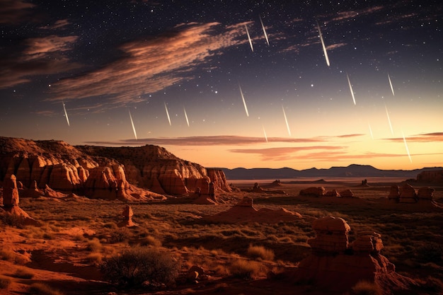 Espectáculo de lluvia de meteoritos sobre un paisaje desértico