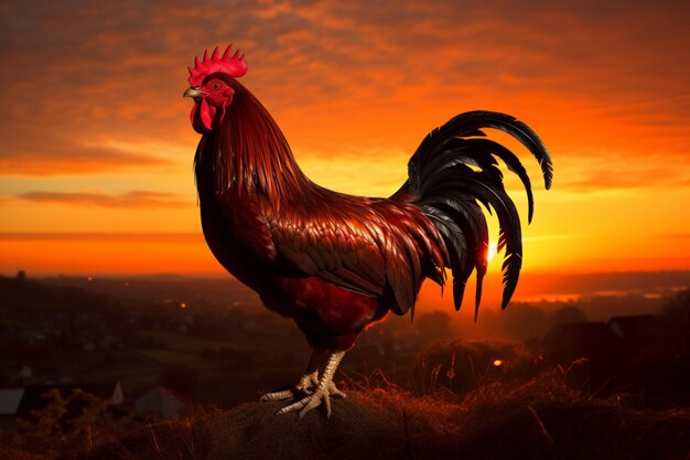 El espectáculo matutino del amanecer con un fondo con una sombra distintiva de gallo