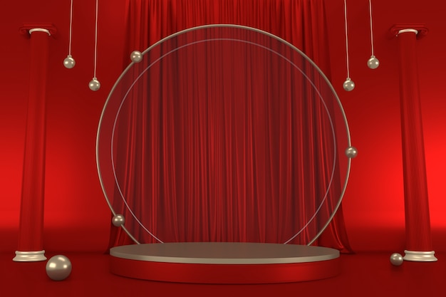 Espectáculo de podio rojo y dorado sobre fondo de color rojo Representación 3D