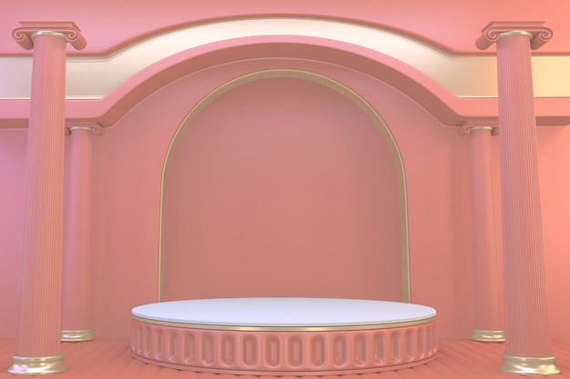 Espectáculo de podio rosa en fondo de color rosa Representación 3D