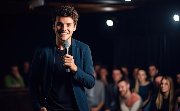 Espectáculo de stand-up Joven comediante realizando su monólogo de stand-up Hombre caucásico en un escenario de un club nocturno Ilustración generativa de IA