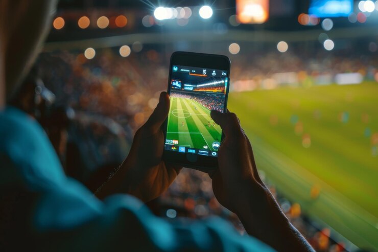 Espectador capturando el partido de fútbol en vivo a través de una cámara de teléfono inteligente en el estadio