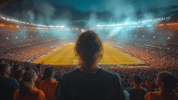 Foto espectador disfrutando del ambiente en el estadio durante el partido de fútbol nocturno