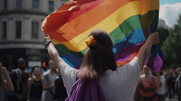 Un espectador ondea una bandera arcoíris gay en una marcha del orgullo gay LGBT con tecnología de IA generativa