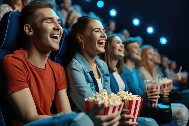 Espectadores felizes a desfrutar de filmes e lanches.