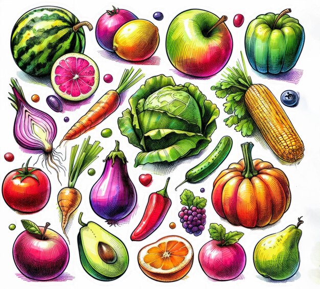 Espectro de la cosecha Una ilustración vibrante de frutas y verduras fondo o patrón