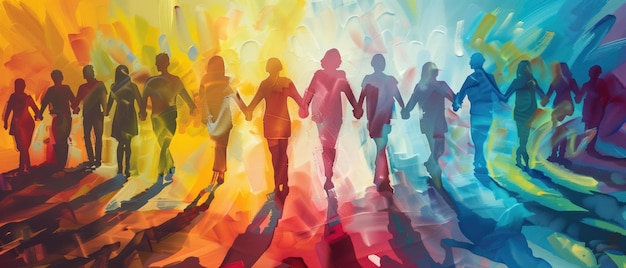Espectro da Unidade pintando silhuetas de pessoas de mãos dadas se misturando em um espectro vívido de cores