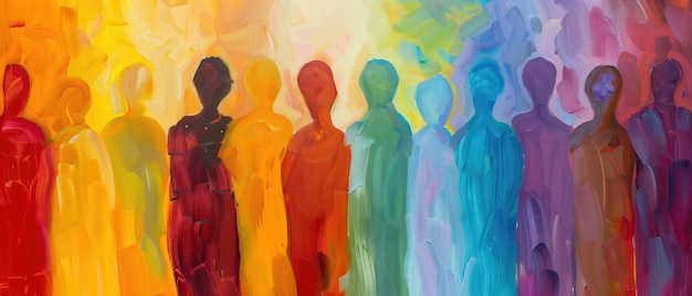 Espectro de la Sociedad pintura al óleo de la humanidad en un espectro de colores que representan figuras siluetadas t