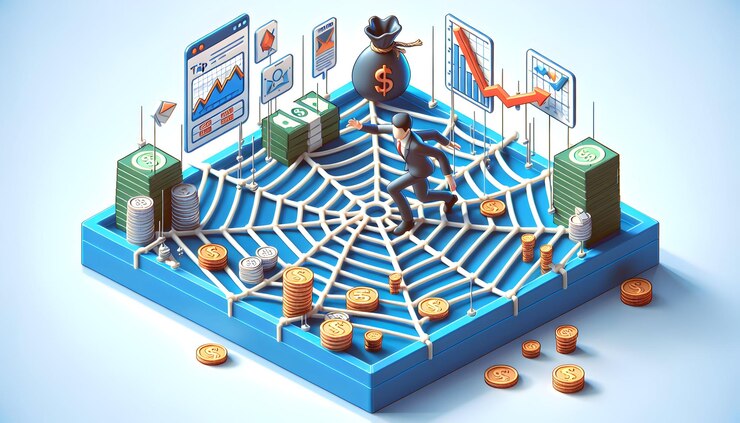 Foto especulador web evitando la trampa de la especulación financiera con el comercio informado 3d icono plano isom