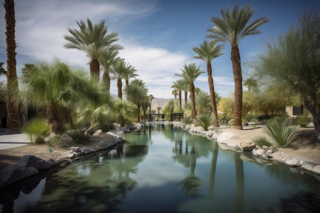 Espejismo del desierto de exuberante oasis con palmeras y piscina cristalina