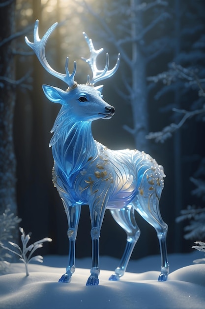 El espejismo dorado Detalles intrincados del ciervo de invierno de vidrio en un sueño de helada azul