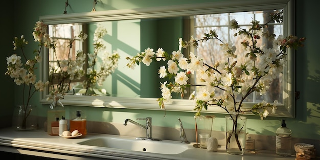 Espejo blanco de elegancia meticulosa sobre un lavabo en estilo fotográfico