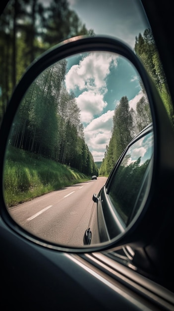 Foto un espejo de coche con vistas a una carretera y árboles a un lado.