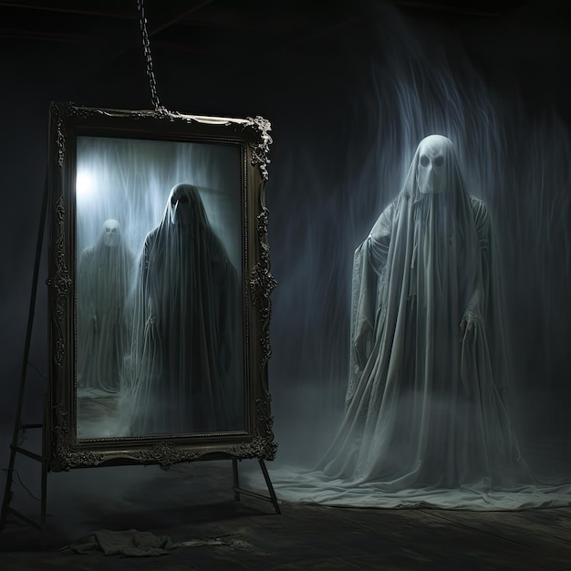 Espejo embrujado que refleja figuras fantasmales