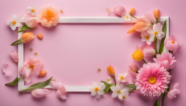 un espejo enmarcado con flores en un fondo rosa