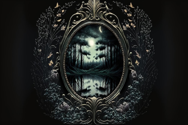 Espejo gótico místico fondo sombrío oscuro con reflejo de espejo de fantasía de la oscuridad bosque oscuro