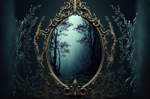 Espejo gótico místico fondo sombrío oscuro con reflejo de espejo de fantasía de la oscuridad bosque oscuro