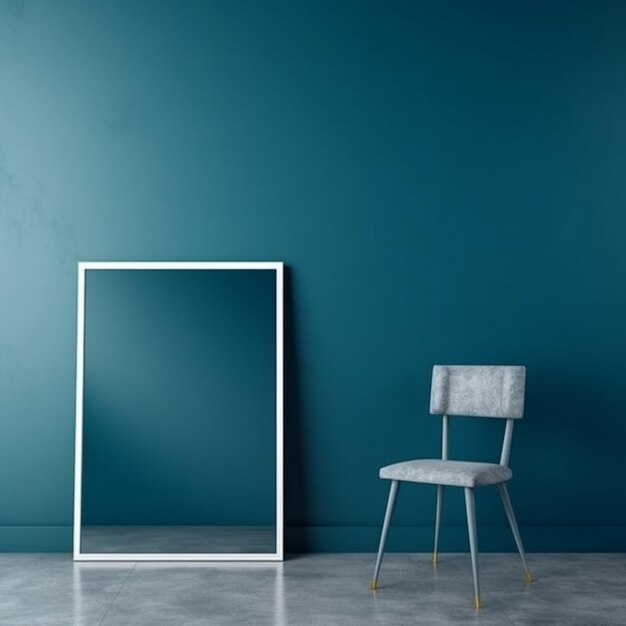Un espejo con marco blanco junto a una pared azul con una silla al lado.