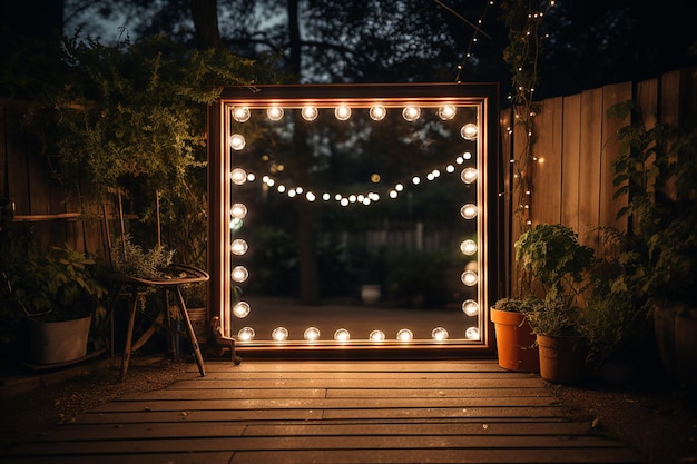 Espejo con marco de madera rodeado de bombillas de luz en el jardín por la noche