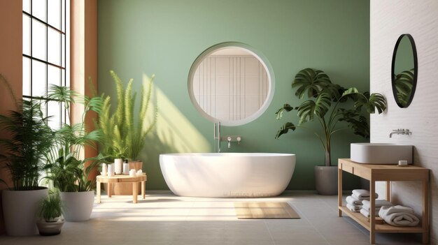 un espejo y una mesa en un baño moderno con bañera y pared verde