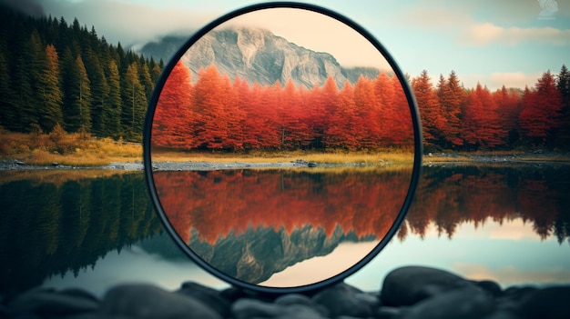 Un espejo que refleja un paisaje con montañas en el fondo