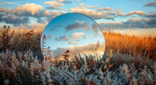 Espejo redondo en un campo con hierba Reflexión de la naturaleza