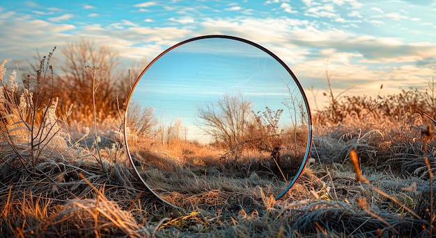 Espejo redondo en un campo con hierba Reflexión de la naturaleza