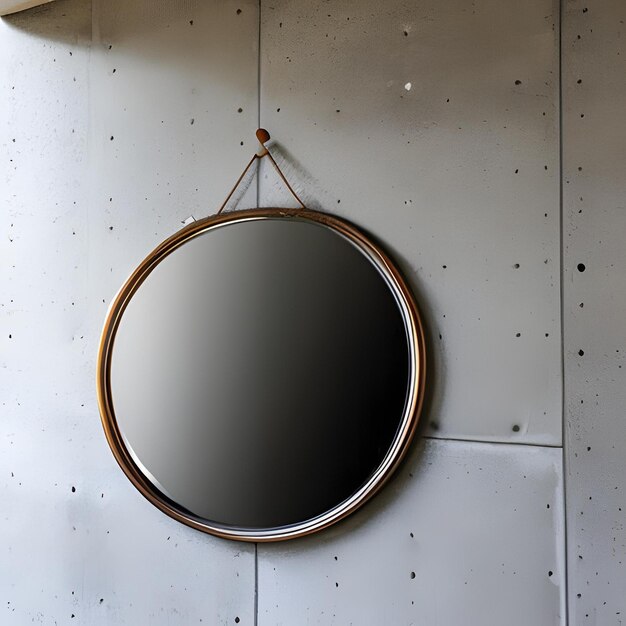 Un espejo redondo colgado en una pared con una cuerda colgando de él.