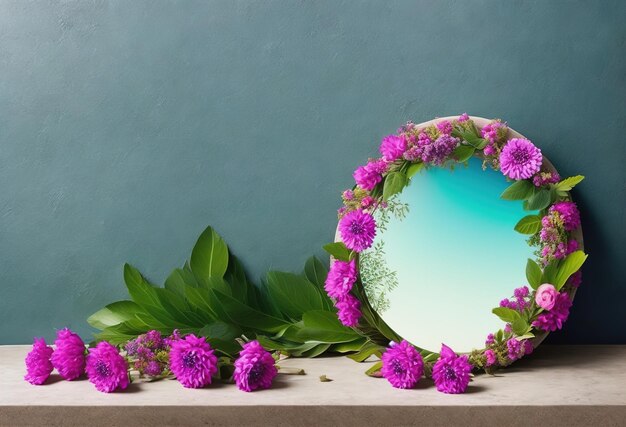 Un espejo redondo con una flor morada y un fondo verde.