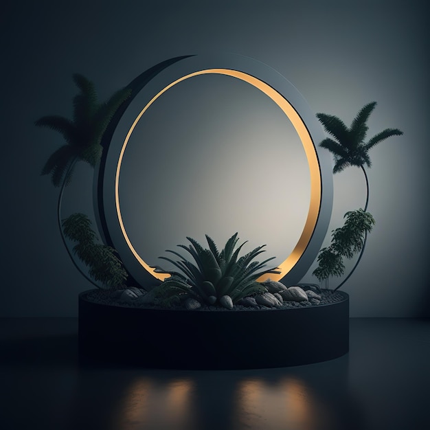Un espejo redondo con luz y plantas al fondo.
