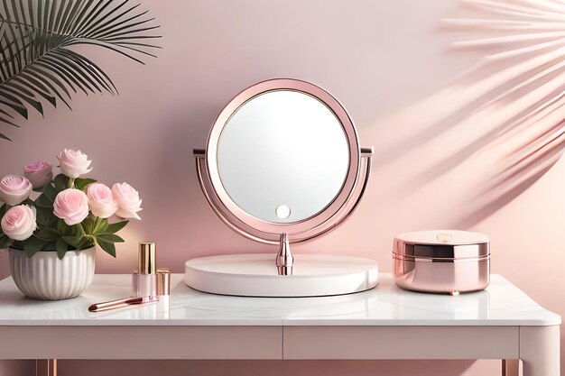 Foto un espejo redondo con un marco rosa y una caja negra en la mesa