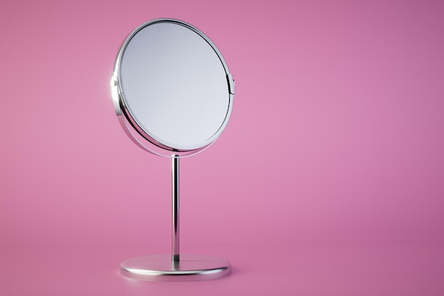 Espejo redondo sobre fondo rosa pastel 3d render