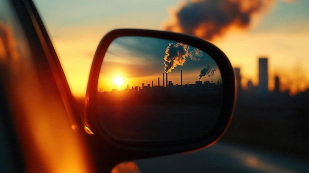 Un espejo retrovisor de un coche que refleja un horizonte contaminado capturado en un primer plano detallado