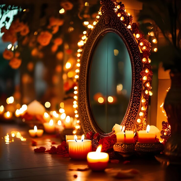 un espejo con velas y velas en una mesa con una vela en el medio