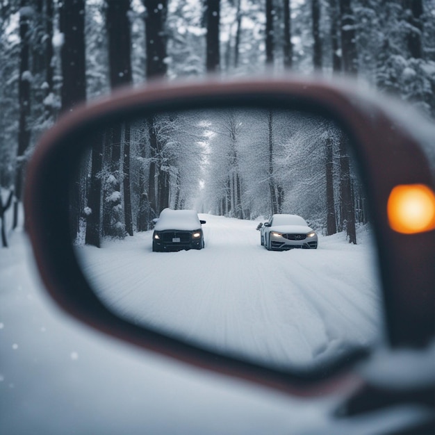 Espejos de automóviles asomando por debajo de una manta de papel tapiz creado por la nieve