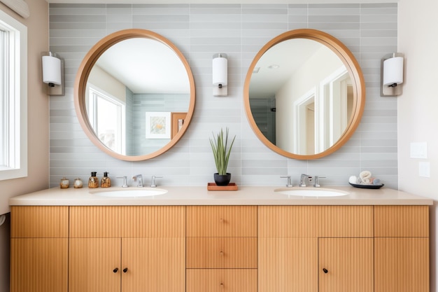 Espejos circulares de pared por encima de un lavabo de baño de doble fregadero
